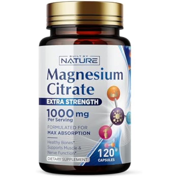 Built By Nature Magnesium Citrate 1000mg - Max Absorption & High Potency Magnesium Complex Supplement for Heart, Muscle, Nerve, Bone Health & Stress Relief - Non-GMO, Gluten-Free - 120 Vegan Capsules - Image 1