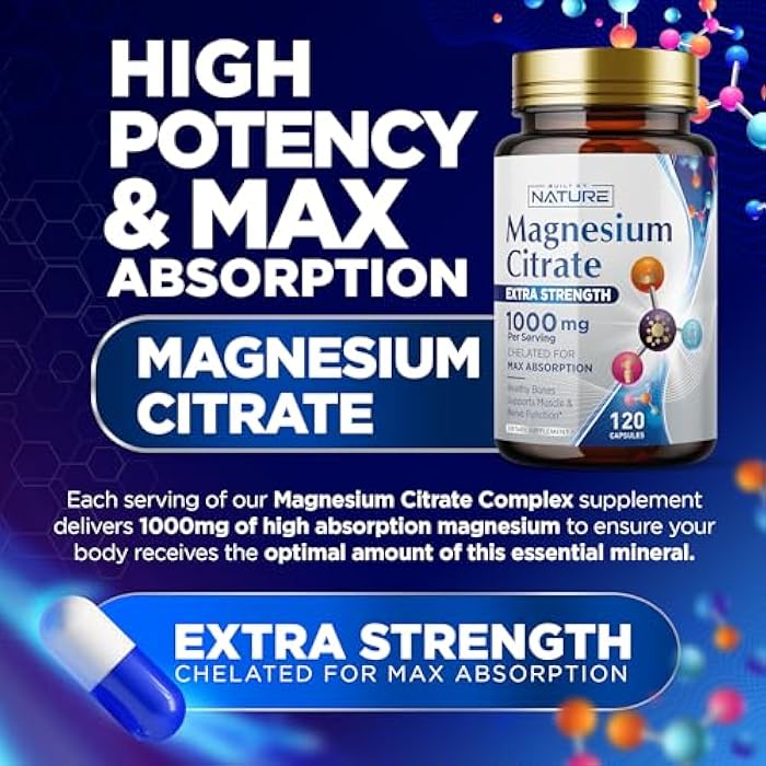 Built By Nature Magnesium Citrate 1000mg - Max Absorption & High Potency Magnesium Complex Supplement for Heart, Muscle, Nerve, Bone Health & Stress Relief - Non-GMO, Gluten-Free - 120 Vegan Capsules - Image 2