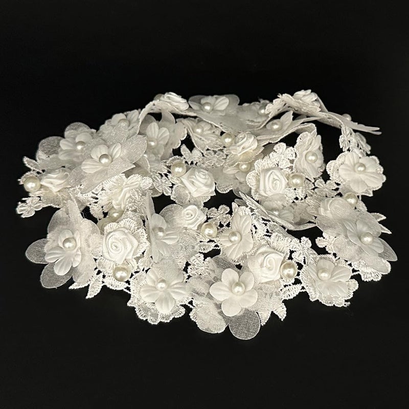 URIMPAVIDO 1 Yard Vintage Flower White Pearl Bead Lace Trim Ribbon Floral Appliques Embroidered Lace Fabric for Sewing Craft Wedding Bridal Dress Clothes Costume Hat Decoration (White, 1 Yard) - Image 4