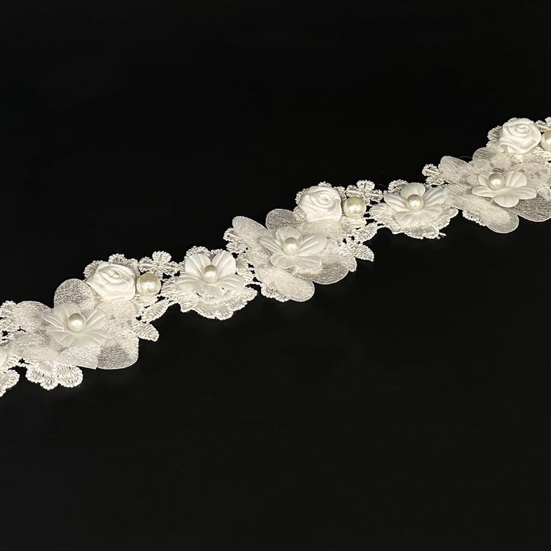 URIMPAVIDO 1 Yard Vintage Flower White Pearl Bead Lace Trim Ribbon Floral Appliques Embroidered Lace Fabric for Sewing Craft Wedding Bridal Dress Clothes Costume Hat Decoration (White, 1 Yard) - Image 1