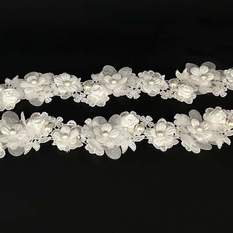 URIMPAVIDO 1 Yard Vintage Flower White Pearl Bead Lace Trim Ribbon Floral Appliques Embroidered Lace Fabric for Sewing Craft Wedding Bridal Dress Clothes Costume Hat Decoration (White, 1 Yard) - Image 2