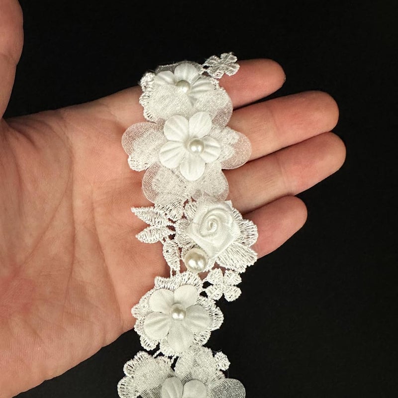 URIMPAVIDO 1 Yard Vintage Flower White Pearl Bead Lace Trim Ribbon Floral Appliques Embroidered Lace Fabric for Sewing Craft Wedding Bridal Dress Clothes Costume Hat Decoration (White, 1 Yard) - Image 3