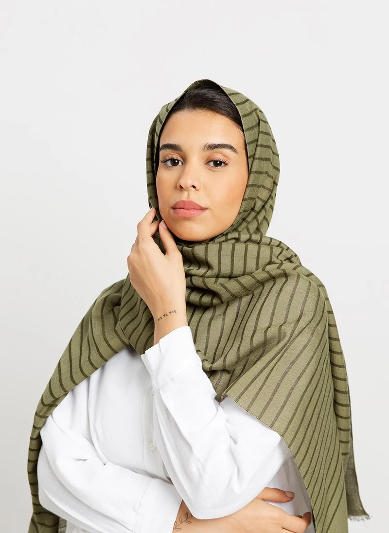 Kaafmeem Light Olive - Cotton Striped Tarha