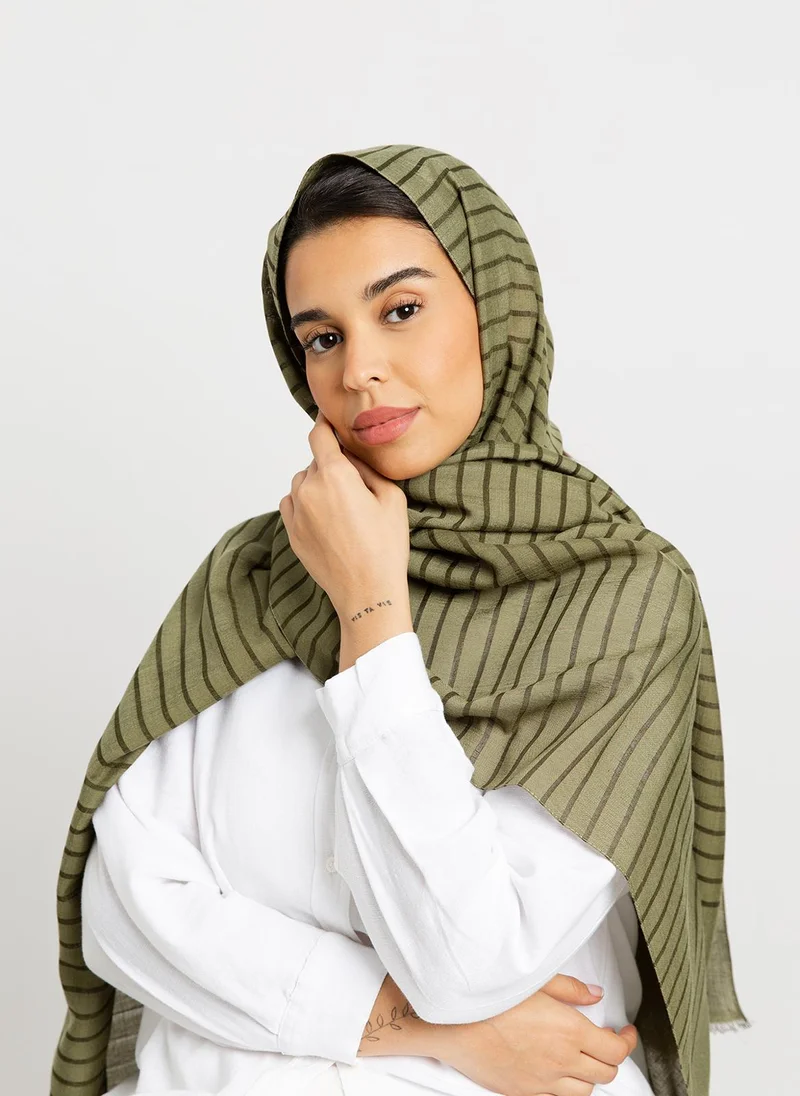 Kaafmeem Light Olive - Cotton Striped Tarha