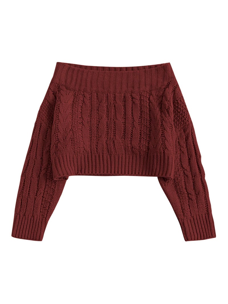 ZAFUL Women's Off Shoulder Cable Knit Crop Top Sweater - Long Sleeve Pullover with Batwing Sleeves - Image 1