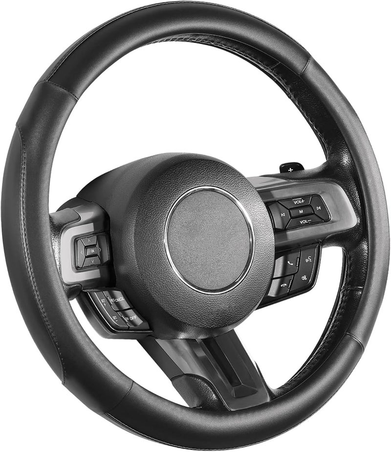 SEG Direct Car Steering Wheel Cover for All Standard-Size Steering Wheels with 14 1/2 inches - 15 inches Outer Diameter, Black Microfiber Leather - Image 1