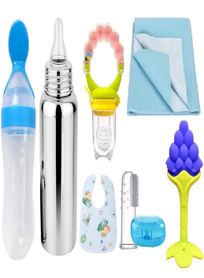 Chopchi Combo of 7 Item Baby Pacifier with Rattle 1 Pcs, Spoon 90ML 1 Pcs,Teether 1 Pcs,Finger Brush 1 Pcs,Sky Blue Dry Sheet Small Size 50x70cm 1 Pcs, Baby bib 1 pcs & Steel Bottle 240 ML(Blue Set) - Image 1