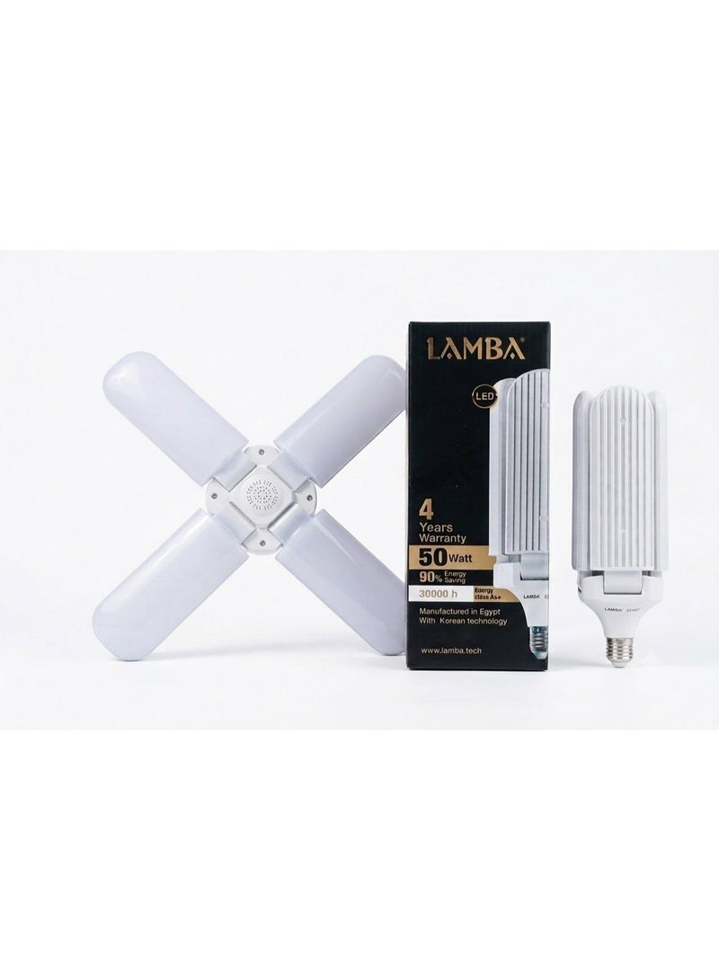 لمبة Lamba لمبة مروحة LED بتصميم أنيق وعصري، 4 ريش قابلة للطي، 50 واط، ضوء أبيض 7000K، توفير طاقة 90%، ضمان 4 سنوات - Image 1