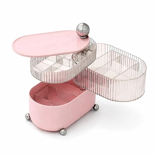 KREPS Cosmetic Jewellery Storage Organizer 360 Degree Rotating 3 Layers Multi-Compartments Cosmetic Lipstick Makeup Brush Jewellery Organizer for Countertop Vanity (Pink Ball) Plastic - Image 1