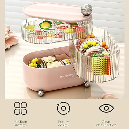 KREPS Cosmetic Jewellery Storage Organizer 360 Degree Rotating 3 Layers Multi-Compartments Cosmetic Lipstick Makeup Brush Jewellery Organizer for Countertop Vanity (Pink Ball) Plastic - Image 5