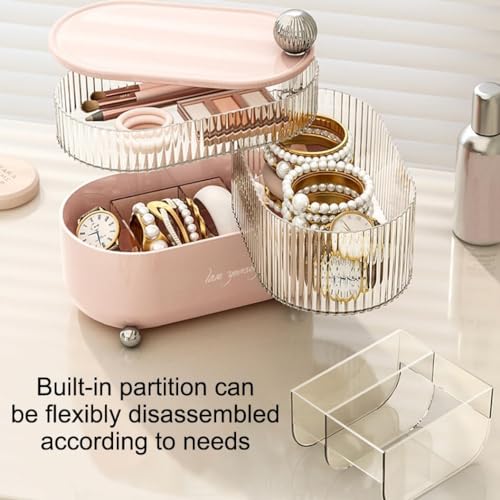 KREPS Cosmetic Jewellery Storage Organizer 360 Degree Rotating 3 Layers Multi-Compartments Cosmetic Lipstick Makeup Brush Jewellery Organizer for Countertop Vanity (Pink Ball) Plastic - Image 4