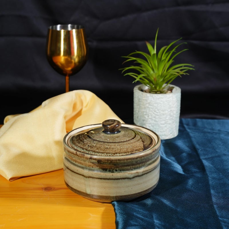 Caffeine Ceramic Handmade Dark Wooden Brown Serving Donga Casserole with lid (500 ml Small) Microwave Safe & Dishwasher Safe - Image 1