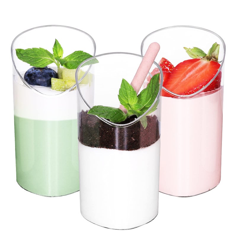 Eupako 3 oz 30 Pack Small Plastic Dessert Cups Clear Plastic Tumbler Cups Slanted Appetizer Cup Great for Desserts Puddings Mousse Jello Shots