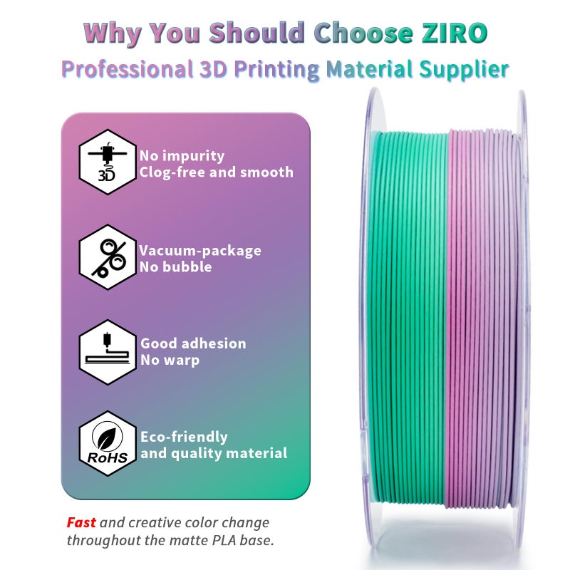 ZIRO 3D Printer Filament PLA, Fast Color Changing Filament Matte, Color Change by Length PLA, Fit Most FDM 3D Printers, Matte Finish Rainbow Material 1KG/ 2.2lbs Spool, Northern Lights - Image 3