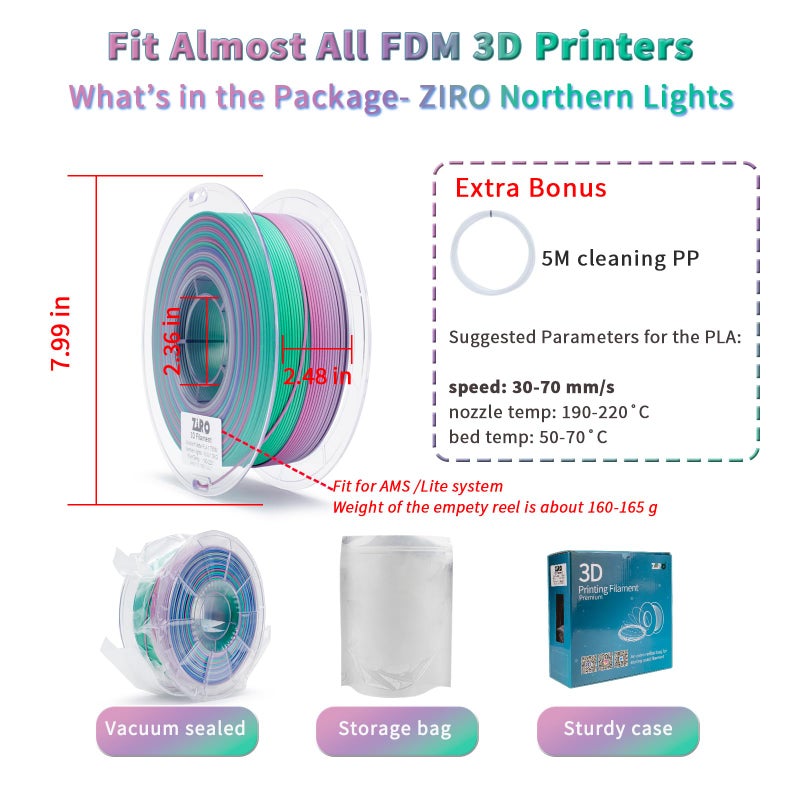 ZIRO 3D Printer Filament PLA, Fast Color Changing Filament Matte, Color Change by Length PLA, Fit Most FDM 3D Printers, Matte Finish Rainbow Material 1KG/ 2.2lbs Spool, Northern Lights - Image 5