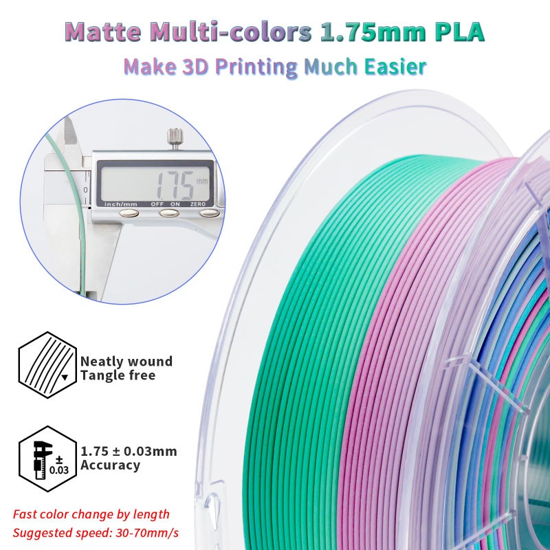 ZIRO 3D Printer Filament PLA, Fast Color Changing Filament Matte, Color Change by Length PLA, Fit Most FDM 3D Printers, Matte Finish Rainbow Material 1KG/ 2.2lbs Spool, Northern Lights - Image 4