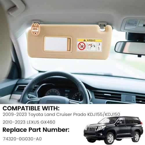 YZQPNB Sun Visor Compatible with 2009-2023 Toyota Land Cruiser Prado KDJ155/KDJ150 2010-2023 Lexus GX460 with Makeup Mirror Front Left Driver Side Replaces 74320-0G030-A0(Beige) - Image 2