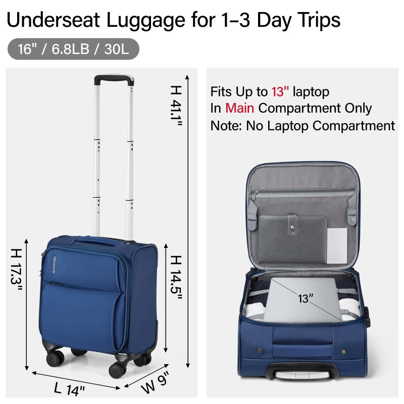Hanke 16 Inch Underseat Carry On Luggage with Spinner Wheels Airline Approved, Small Rolling Suitcase Softside Underseater Lightweight TSA Travel Roller Suitcase Carry-On Bag(Blue) - Image 3