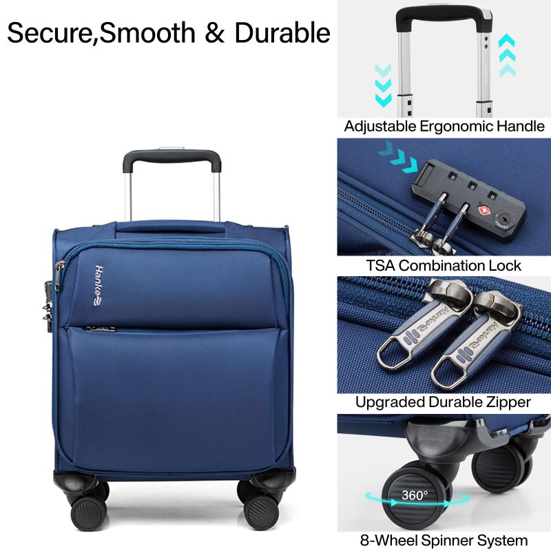 Hanke 16 Inch Underseat Carry On Luggage with Spinner Wheels Airline Approved, Small Rolling Suitcase Softside Underseater Lightweight TSA Travel Roller Suitcase Carry-On Bag(Blue) - Image 5