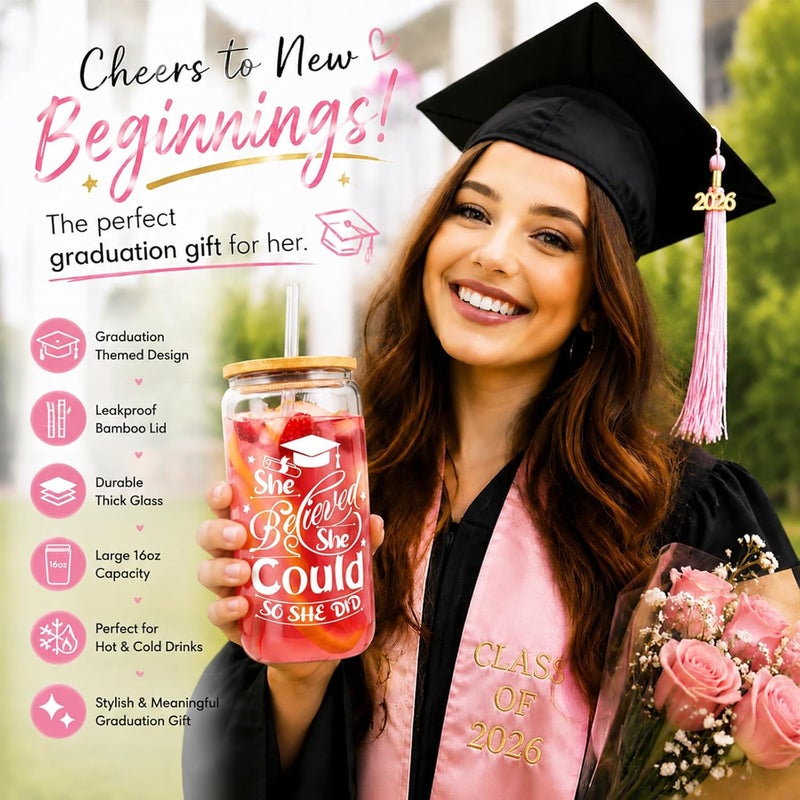 Frerdui Graduation Gifts, Graduation Gifts for Her 2023 - She Believed She Could So She Did - College Student Gifts New Job Gift Graduated Women Congratulations Gifts, Class of 2023-18Oz Can Glass - Image 3