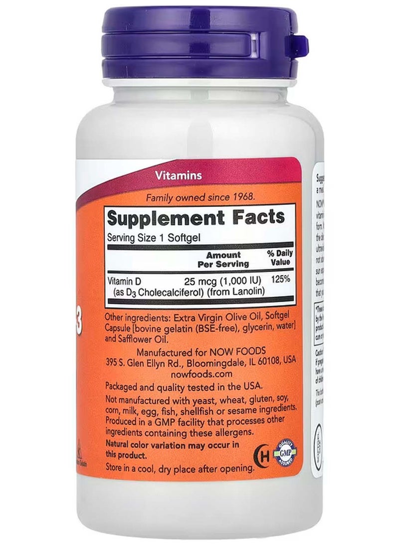 now Vitamin D-3, High Potency, 1,000 IU, 180 Softgels - Image 2