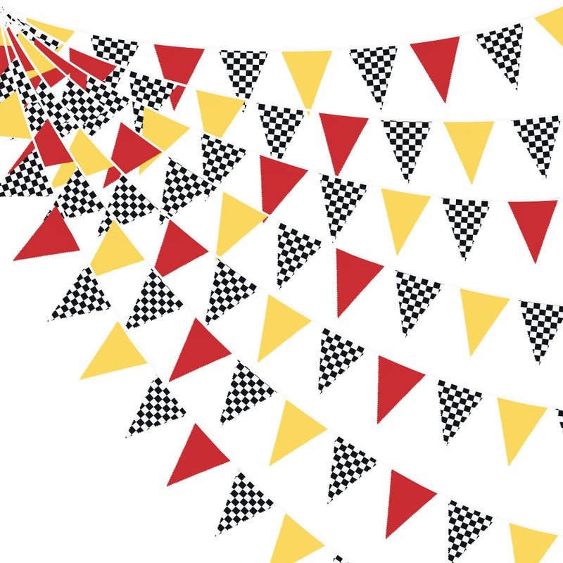 pinkblume 32Ft Racing Car Party Decorations Red Yellow Black White Checkered Race Car Triangle Flag Pennant Banner Fabric Garland Streamer for Kids Birthday NASCAR Theme Party Baby Shower BBQ Bar Outdoor Decor - Image 1