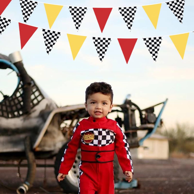 pinkblume 32Ft Racing Car Party Decorations Red Yellow Black White Checkered Race Car Triangle Flag Pennant Banner Fabric Garland Streamer for Kids Birthday NASCAR Theme Party Baby Shower BBQ Bar Outdoor Decor - Image 4