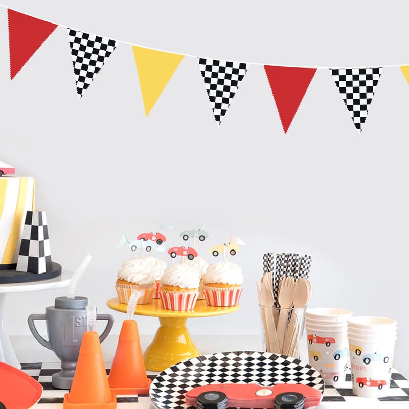 pinkblume 32Ft Racing Car Party Decorations Red Yellow Black White Checkered Race Car Triangle Flag Pennant Banner Fabric Garland Streamer for Kids Birthday NASCAR Theme Party Baby Shower BBQ Bar Outdoor Decor - Image 5