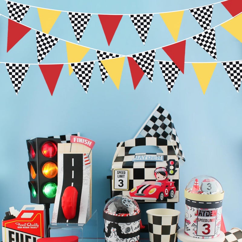 pinkblume 32Ft Racing Car Party Decorations Red Yellow Black White Checkered Race Car Triangle Flag Pennant Banner Fabric Garland Streamer for Kids Birthday NASCAR Theme Party Baby Shower BBQ Bar Outdoor Decor - Image 3