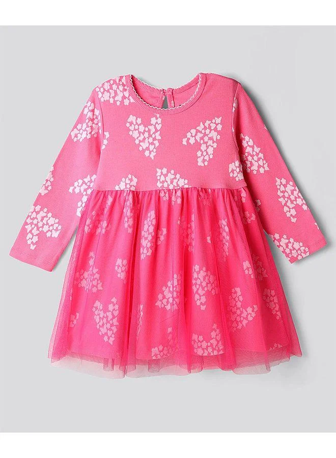 Bonfino Bonfino Hearts Printed Full Sleeves Dress with Mesh - Pink