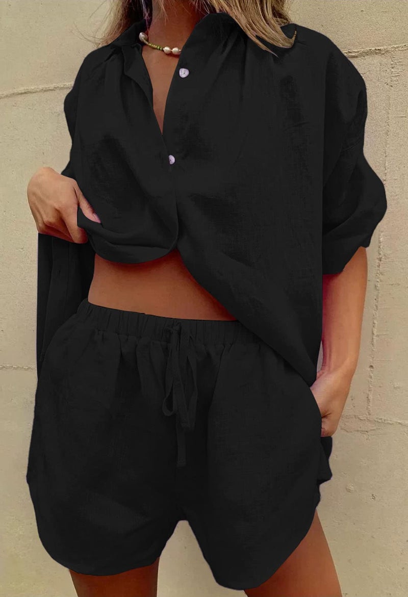 Fixmatti Women Short Sleeve Collar Button Down Shorts Two Piece Set Casual Cardigan Shorts Outfits Tracksuit Black XL - Image 3