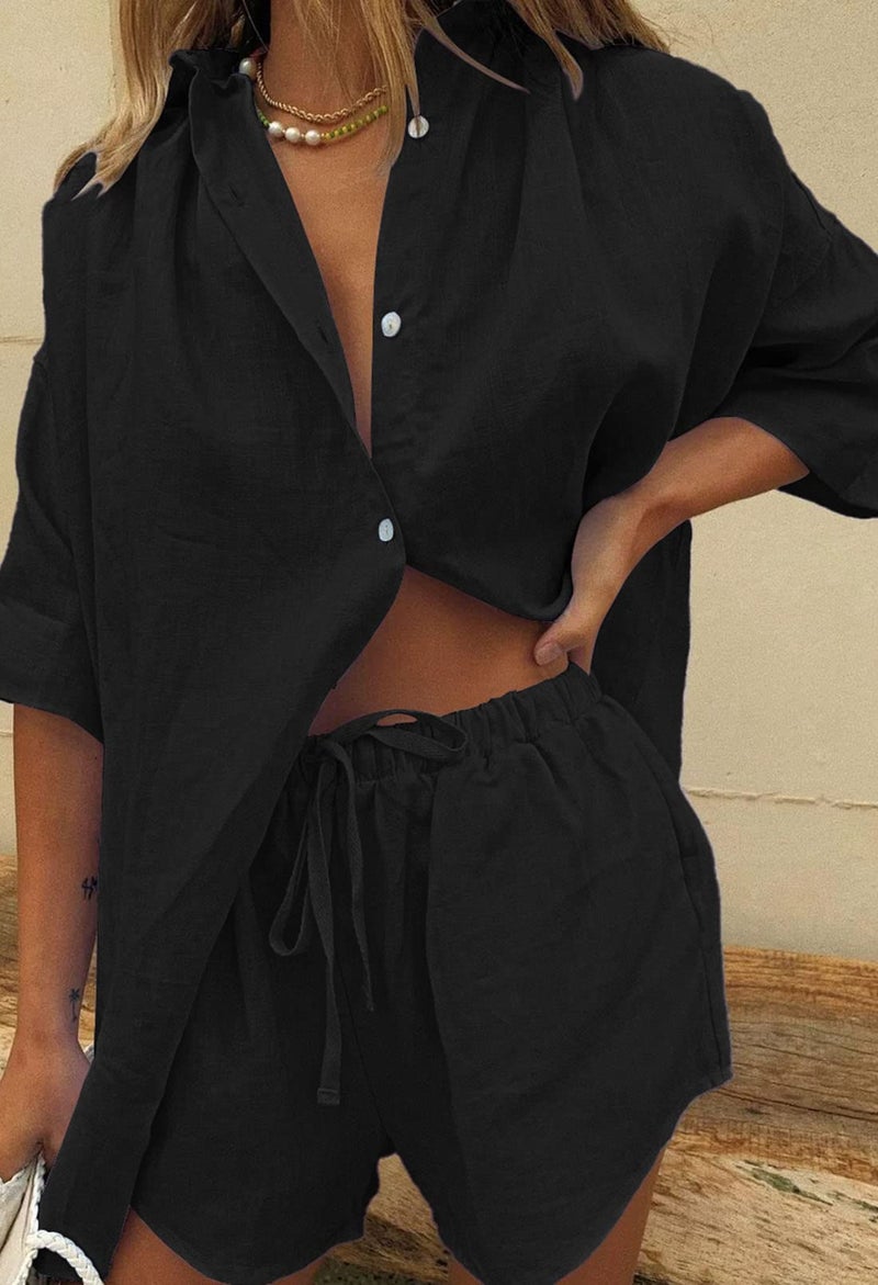 Fixmatti Women Short Sleeve Collar Button Down Shorts Two Piece Set Casual Cardigan Shorts Outfits Tracksuit Black XL - Image 2