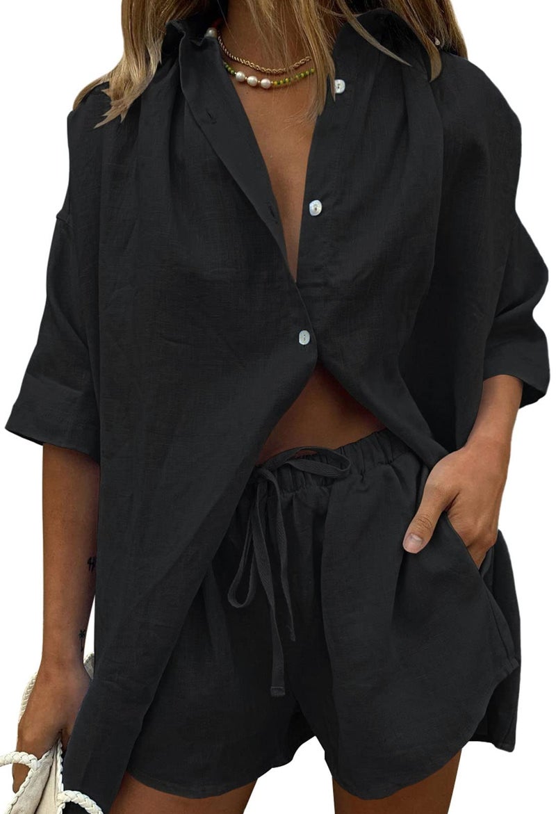 Fixmatti Women Short Sleeve Collar Button Down Shorts Two Piece Set Casual Cardigan Shorts Outfits Tracksuit Black XL - Image 1
