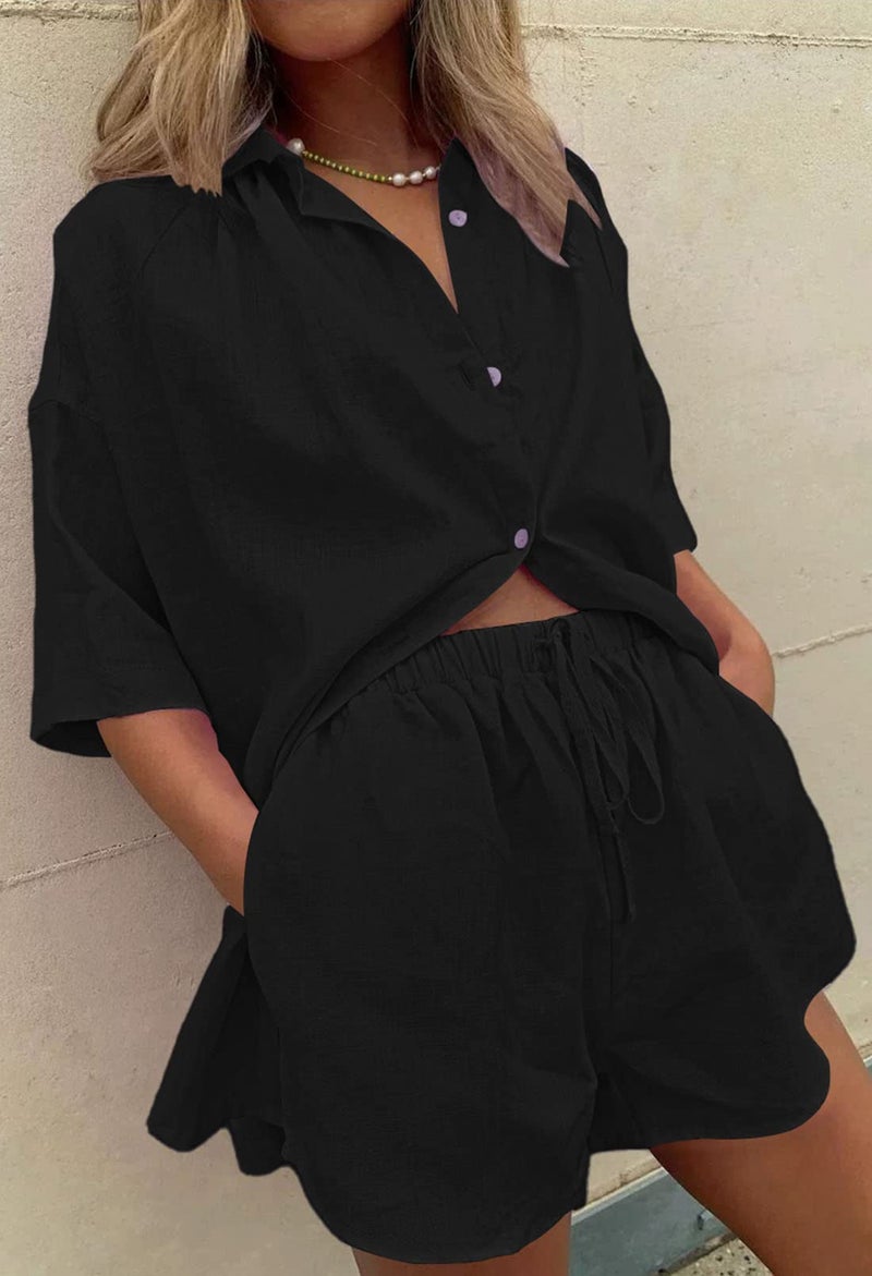 Fixmatti Women Short Sleeve Collar Button Down Shorts Two Piece Set Casual Cardigan Shorts Outfits Tracksuit Black XL - Image 4
