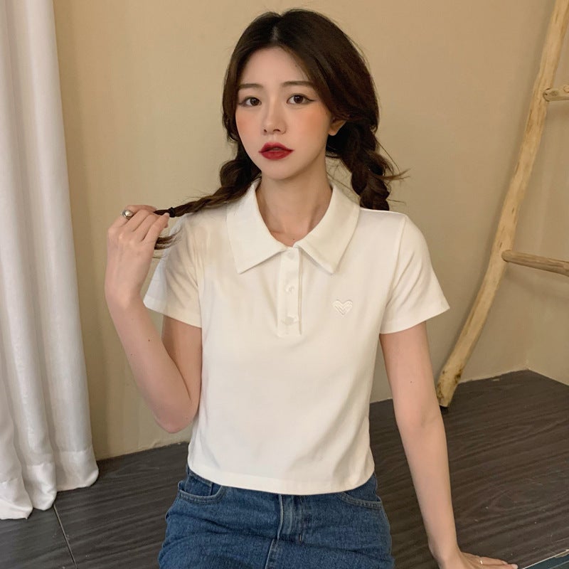 Cotton Top New Design Sense Niche T-Shirt Women'S Short Top Summer Embroidered Short-Sleeved Polo Collar - Image 3