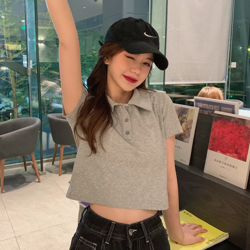 Cotton Top New Design Sense Niche T-Shirt Women'S Short Top Summer Embroidered Short-Sleeved Polo Collar - Image 4