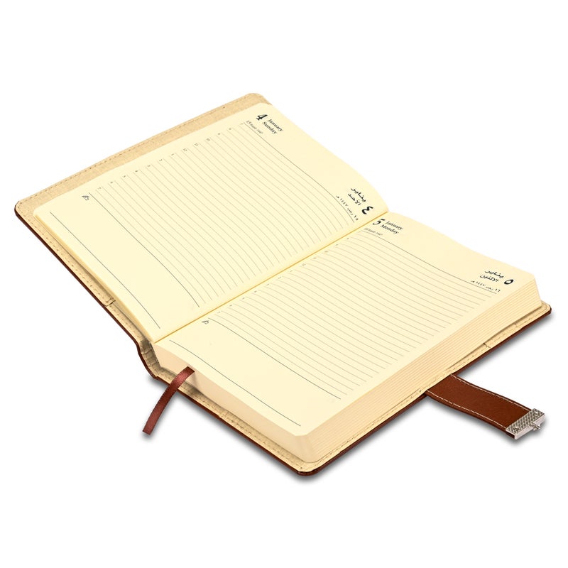 FIS مفكرة FIS 2026 A5، 148x210 مم، غلاف جلد مزود بحشوة من الجانبين، زوايا مدورة مع قفل مغناطيسي، عربي/إنجليزي، ورق إيطالي عاجي 70 جرام، غلاف بني، تصميم قفل 3-FSDI86AE26D03 - Image 3