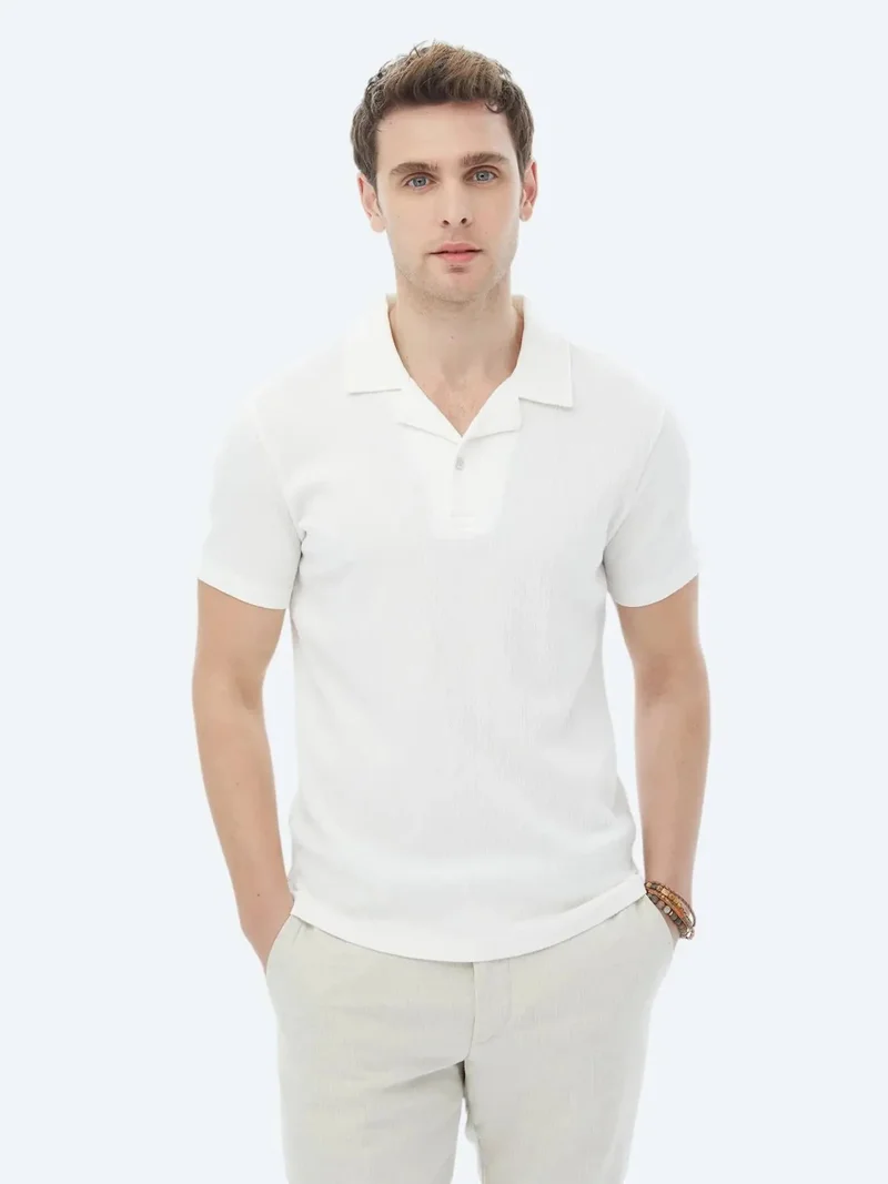 Kip White Jacquard Cuban Collar Cotton Blended T-Shirt