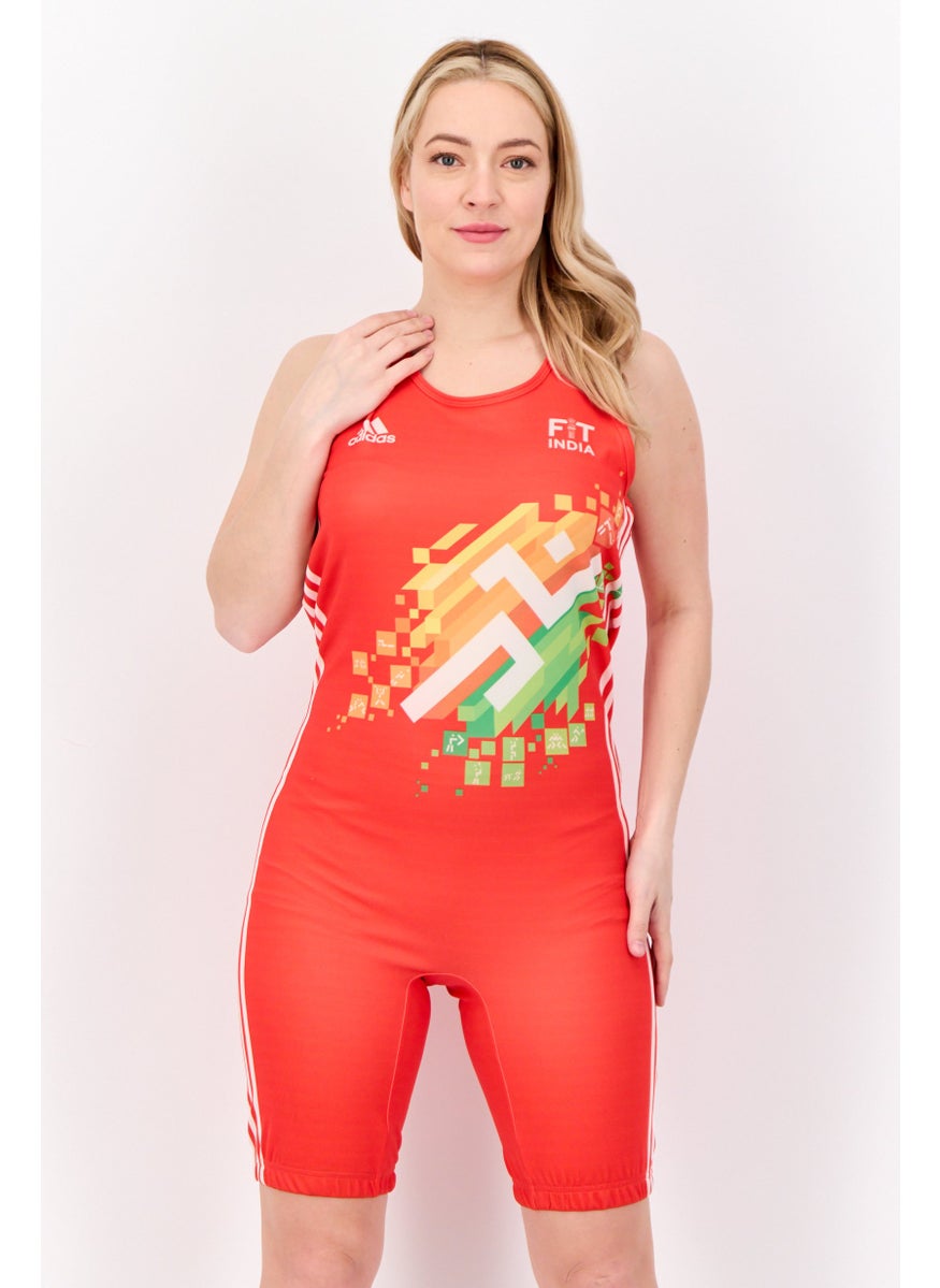 Adidas Women Sportswear Fit Brand Logo Sleeveless Wrestling Playsuits, Coral  - Image 1