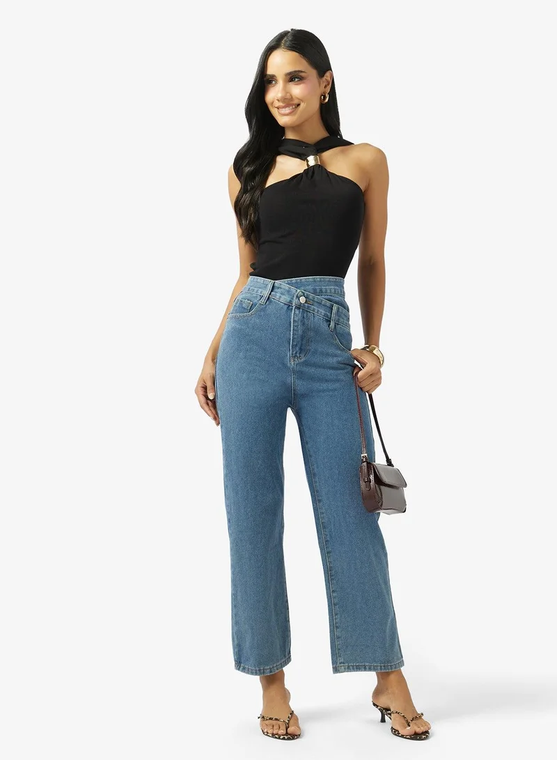 Ginger High Rise Overlap Waist Detail Straight Fit Jeans