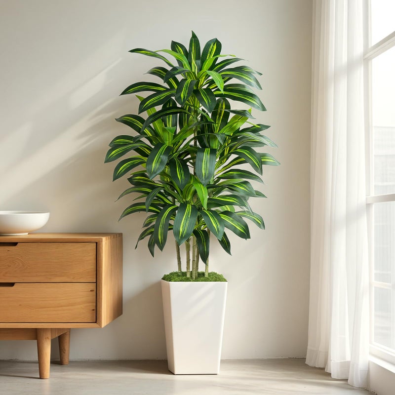 Keeplush 5FT Artificial Dracaena Tree - High-Density Foliage Fake Plant with White Tall Planter - Faux Yucca Floor Plant for Home Office Decor Indoor - Image 1