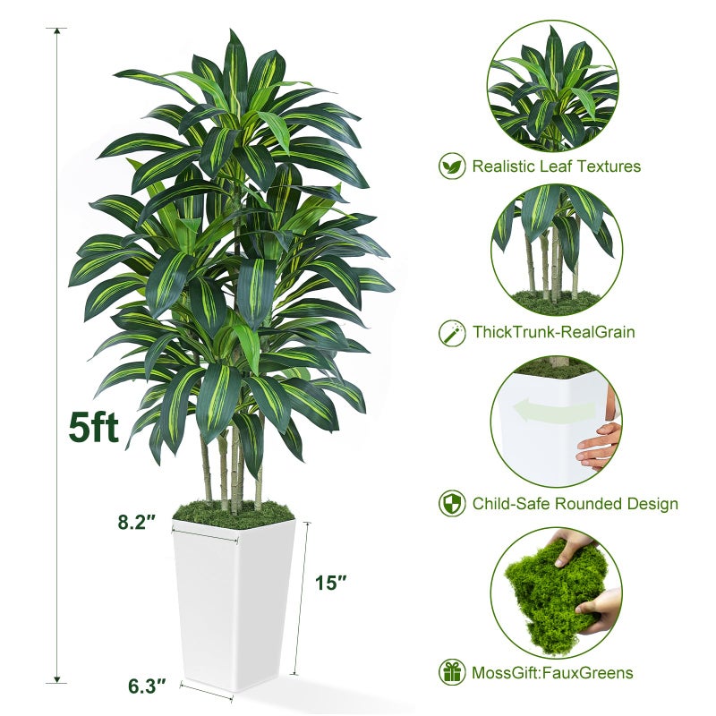 Keeplush 5FT Artificial Dracaena Tree - High-Density Foliage Fake Plant with White Tall Planter - Faux Yucca Floor Plant for Home Office Decor Indoor - Image 3