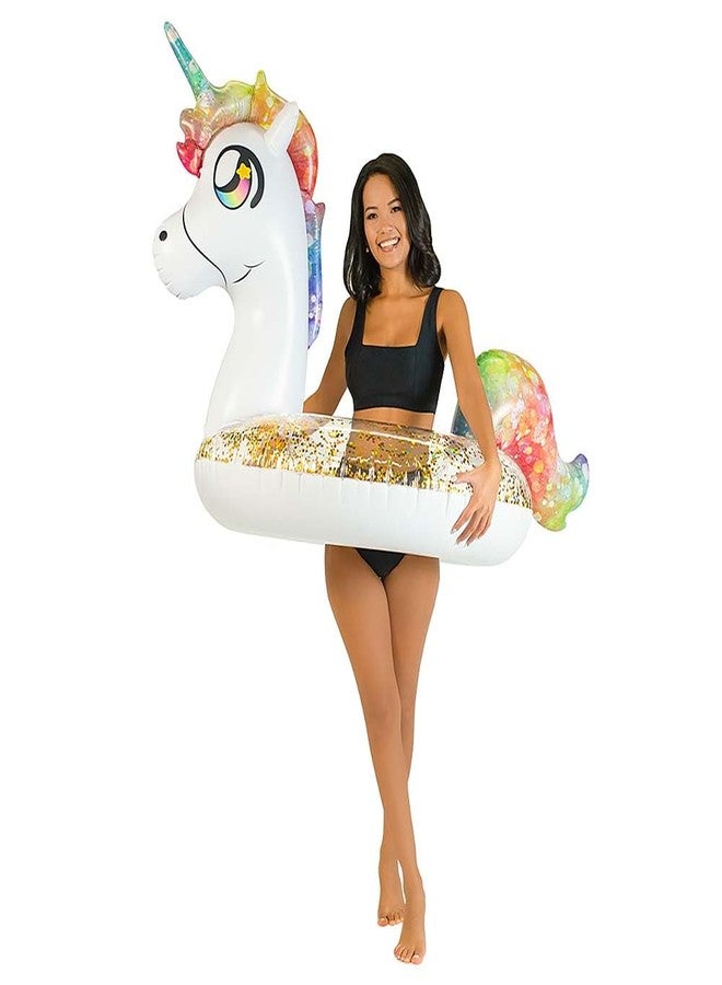 PoolCandy Inflatable 42" inch Animal Pool Tubes and Swim Rings (Rainbow Unicorn with Glitter Inflatable 42" inch Pool Tube) - Image 1