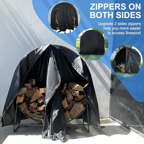 2win2buy Firewood Log Rack Cover, Outdoor Waterproof Log Hoop Cover, Windproof Dry Wood Pile Holder Storage Tarp Heavy Duty UV Resistant Sun Snow Rain Durable PVC Backing Protector fit 4 Seasons Black - Image 4