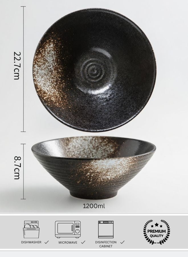 Japanese Style Large Ceramic Ramen Bowl, Black - Snow White 1200ml Creative Round Bowl, Heavy High Quality Soup Bowl, Fruit Bowl, Home & Restaurants, Rustic Creative Ramen Bowl - 9 Inch - Image 1
