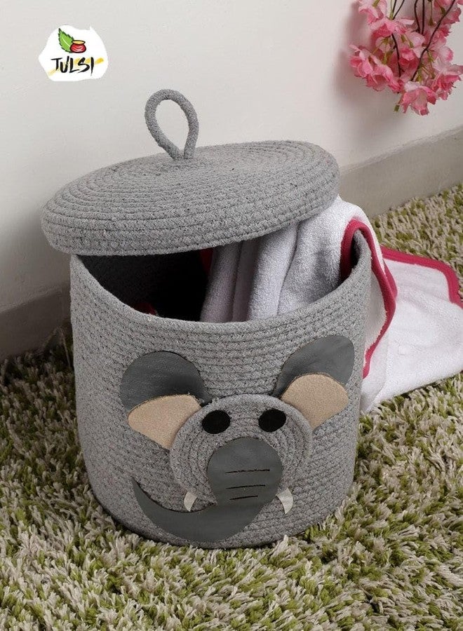 Rosslyn Kids Lid Basket with Beautiful Characters - Rope Storage Basket for Baby Diaper, Stuffed Animal Storage Bin Rope Basket for Kids Toy, Baby Laundry Baskets with lid - Grey Elephantt - Image 1