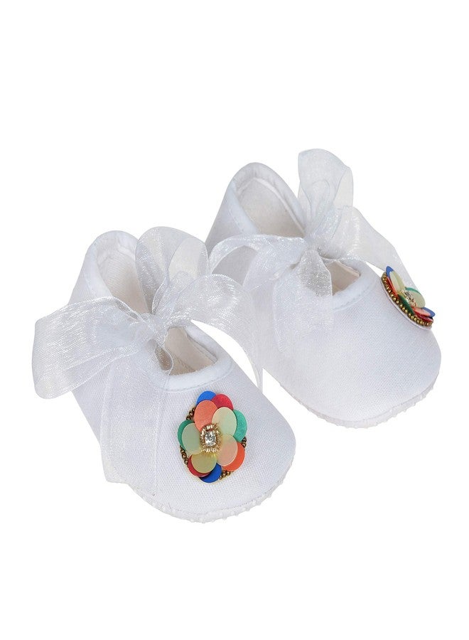 Rsmart Cotton White Booties Shoes with Multicolour Flower and Ribbon Closure for Baby Girl & Boy (White, 9_months) - Image 1