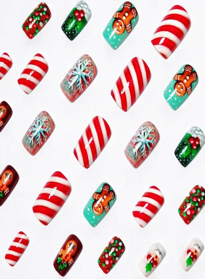 ASABITE 24Pcs Christmas Square Press on Nails Short Christmas Fake Nails with Snowflake Gingerbread Doll Stripe Design Cute Square Nails Press ons Winter Xmas Glue on Nail for Women Manicure Decor - Image 3