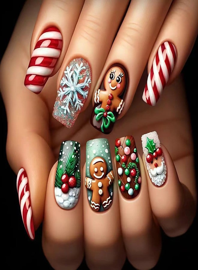 ASABITE 24Pcs Christmas Square Press on Nails Short Christmas Fake Nails with Snowflake Gingerbread Doll Stripe Design Cute Square Nails Press ons Winter Xmas Glue on Nail for Women Manicure Decor - Image 1