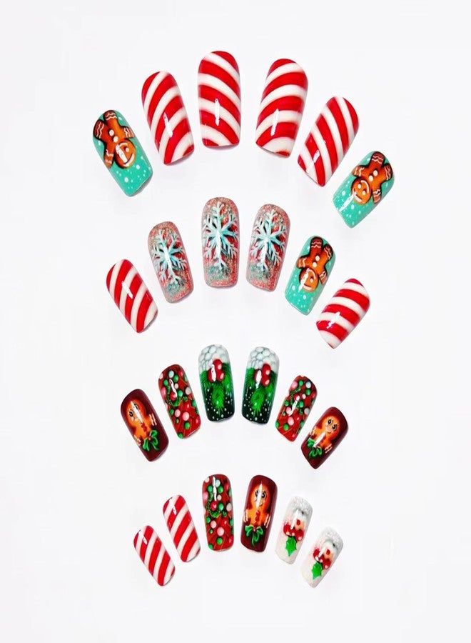 ASABITE 24Pcs Christmas Square Press on Nails Short Christmas Fake Nails with Snowflake Gingerbread Doll Stripe Design Cute Square Nails Press ons Winter Xmas Glue on Nail for Women Manicure Decor - Image 4